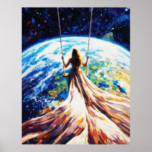Poster Femme sur une balançoire au-dessus de la Terre Pei