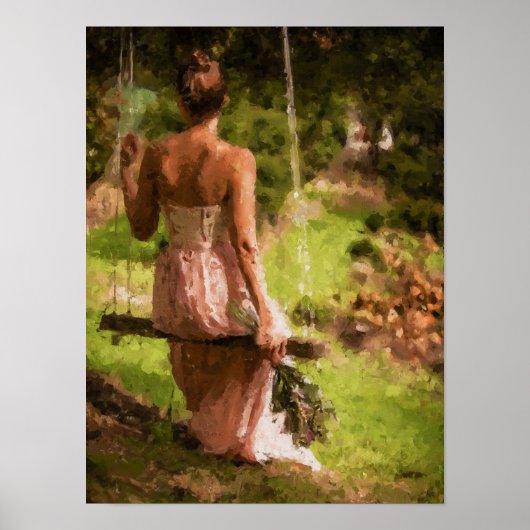 Poster Femme sur une balançoire avec des fleurs (Devant)