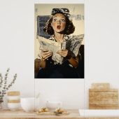 Poster Femme surprise à lire le journal (Cuisine)