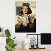 Poster Femme surprise à lire le journal (Bureau à domicile)