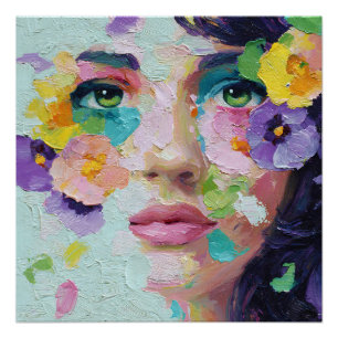 Poster Femme surréaliste aux yeux floraux et pétales au v