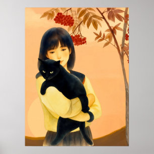 Poster Femme tenant un chat noir en automne