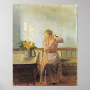 Poster Femme tenant une chaise assise
