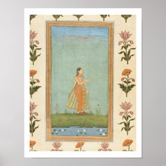 Poster Femme tenant une fleur, debout près d'un étang de  (Devant)