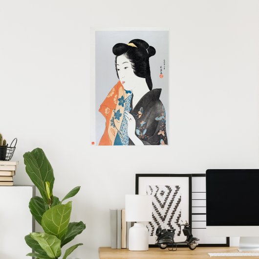 Poster Femme tenant une serviette à main par Goyō Hashigu (Bureau à domicile)