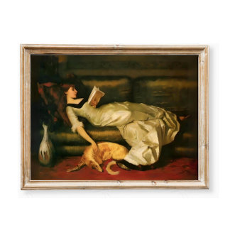 Poster Femme Victorienne Lecture Avec Chien, Tons Neutres