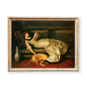 Poster Femme victorienne lisant avec un chien, tons neutr
