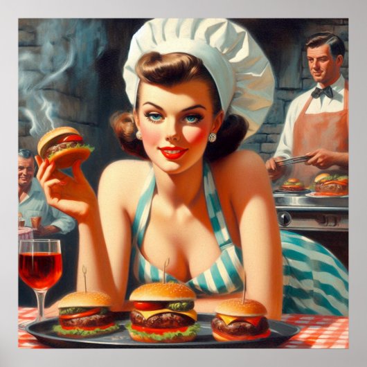 Poster Femme vintage Burger BBQ (Devant)