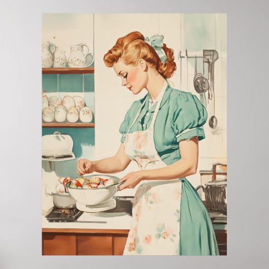 Poster Femme vintage préparant des oeufs de Pâques (Devant)