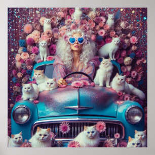 Poster Femme vintage rétro avec chats blancs