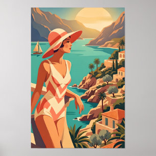 Poster Femme vintage surplombant la côte espagnole