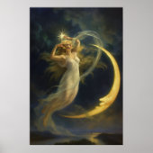 Poster Femme volant près d'un visage de lune croissante (Devant)