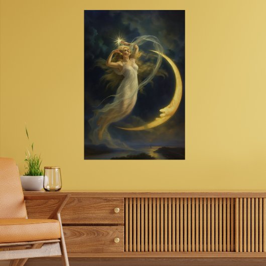 Poster Femme volant près d'un visage de lune croissante (Salon 2)