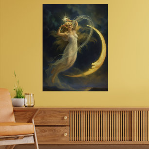 Poster Femme volant près d'un visage de lune croissante