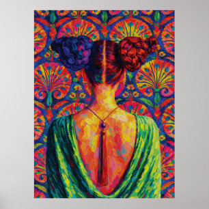 Poster Femme vue de dos Bun's colorés motif floral