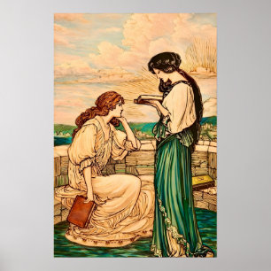 Poster Femmes Art Nouveau lisant au bord de la mer