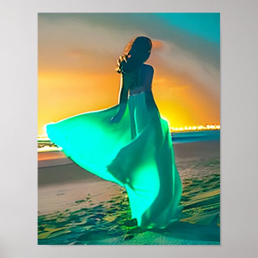 Poster Femmes en bleu turquoise sur une plage de nuit Imp (Devant)