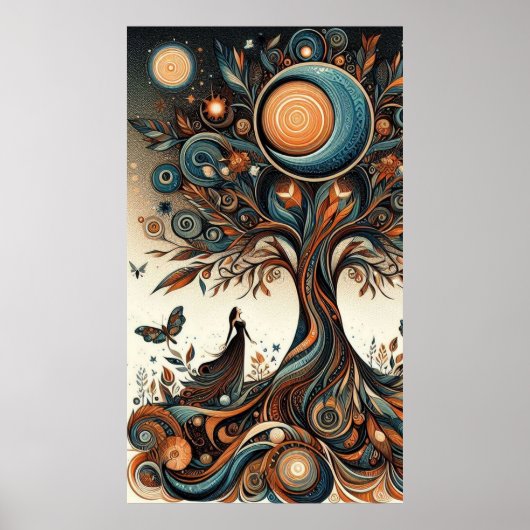 Poster Femmes Whimsical, Arbre et Papillons (Devant)