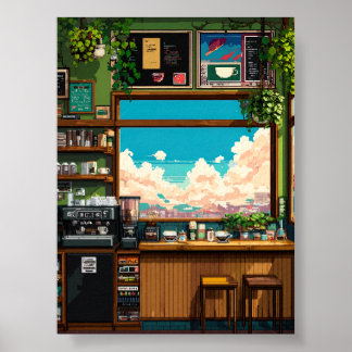 Poster Fenêtre de café cosy en pixel art