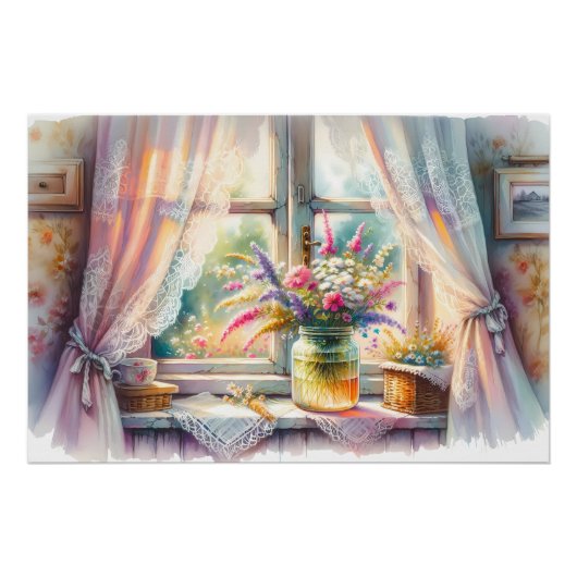 Poster Fenêtre de cottage ensoleillée avec fleurs sauvage (Devant)