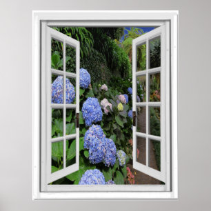 Poster Fenêtre de faux de vue de jardin d'hortensia