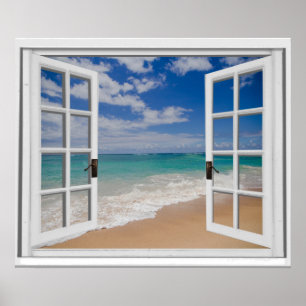 Poster Fenêtre de Faux de vue d'océan de plage