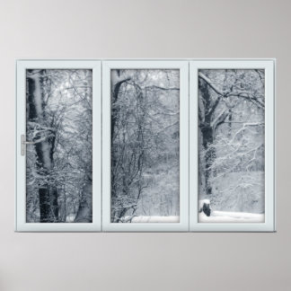 Poster Fenêtre de neige fraîche hiver avec vue