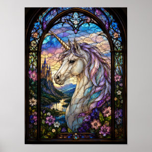 Poster Fenêtre de vitrail de licorne Art de cathédrale de