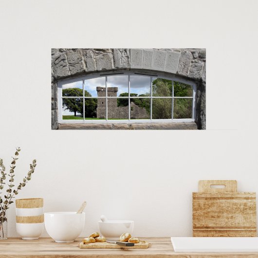 Poster Fenêtre en arc avec vue sur le château écossais (Cuisine)