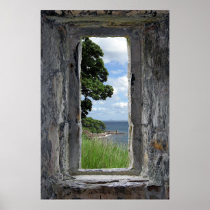 Poster Fenêtre en pierre avec vue mer