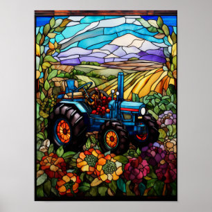 Poster Fenêtre en verre coloré de tracteur agricole bleu