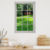 Poster Fenêtre fausse - Cadre en bois blanc - Vue Jardin (Cuisine)