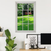 Poster Fenêtre fausse - Cadre en bois blanc - Vue Jardin (Bureau à domicile)