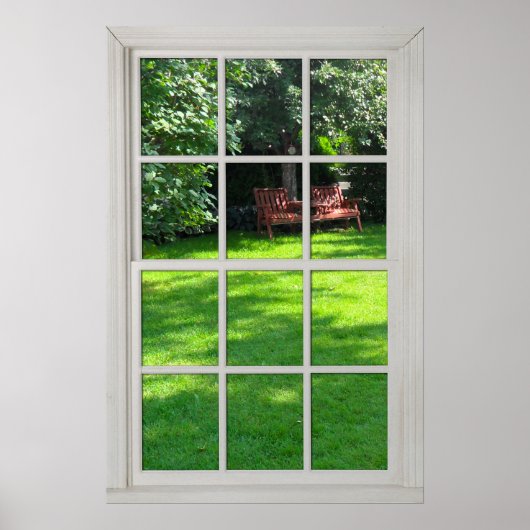 Poster Fenêtre fausse - Cadre en bois blanc - Vue Jardin (Devant)