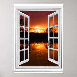 Poster Fenêtre Fausse vue coucher de soleil