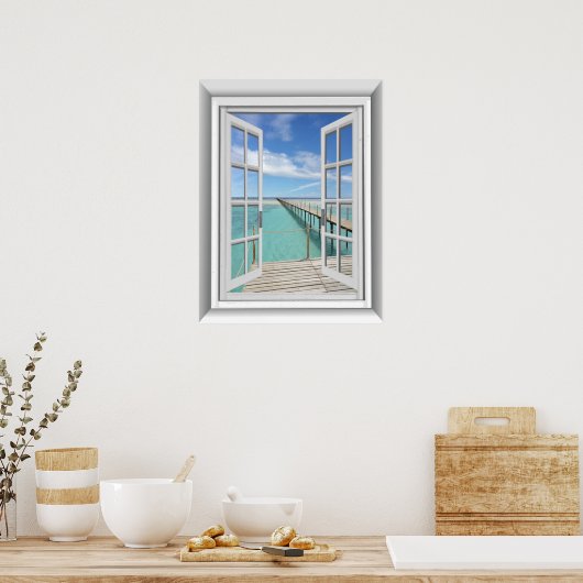 Poster Fenêtre Fausse vue océan 3D (Cuisine)