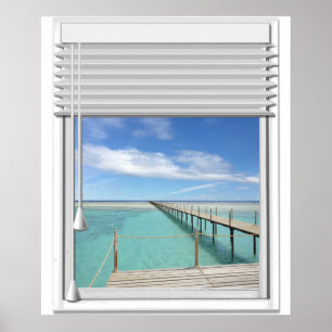 Poster Fenêtre Faux Vue Océan Avec Aveugle