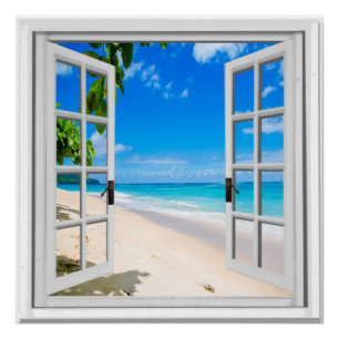Poster Fenêtre Faux Vue Océan bleu mer