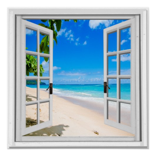 Poster Fenêtre Faux Vue Océan bleu mer (Devant)