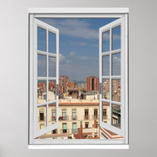 Poster Fenêtre Faux Vue Ville Méditerranée