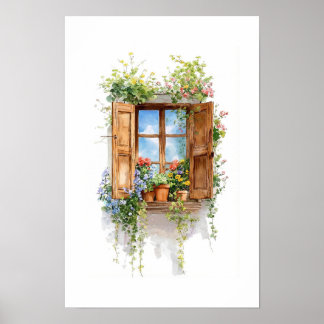 Poster Fenêtre Florale Rustique – Style Cottage