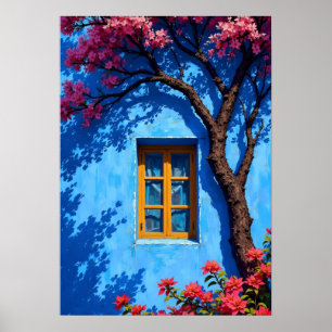 Poster Fenêtre méditerranéenne bleue sereine et fleurs de