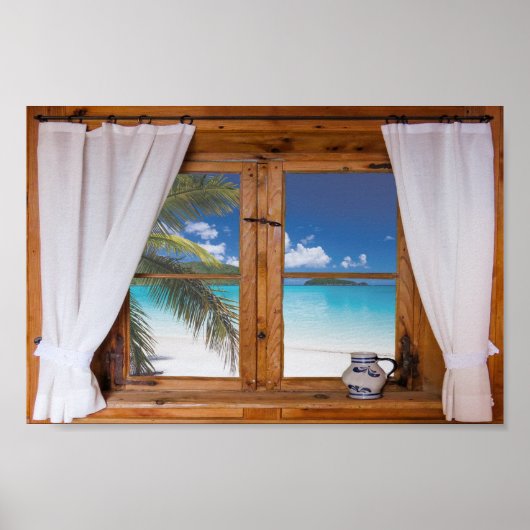Poster Fenêtre Ocean Beach Vue Tropicale Faux (Devant)