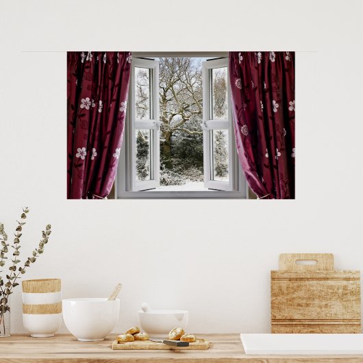 Poster Fenêtre ouverte avec vue sur une scène hivernale e (Cuisine)