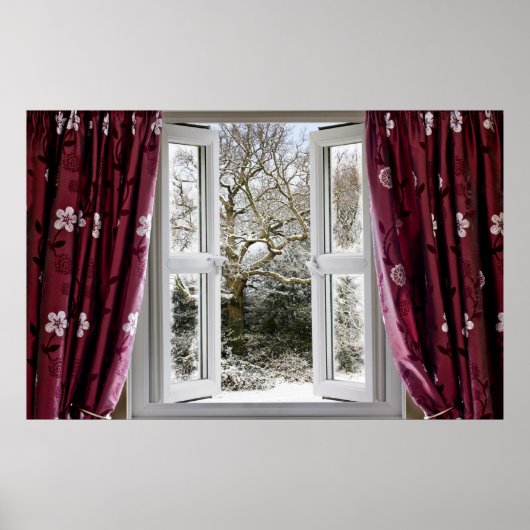 Poster Fenêtre ouverte avec vue sur une scène hivernale e (Devant)