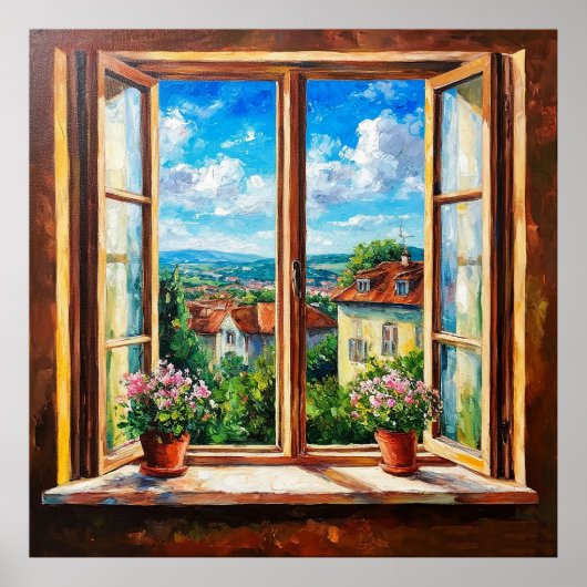 Poster Fenêtre rustique donnant sur une campagne colorée (Devant)