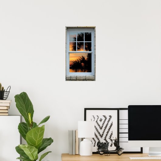 Poster Fenêtre vue Arbre de palmiers Sunrise Imprimer (Bureau à domicile)