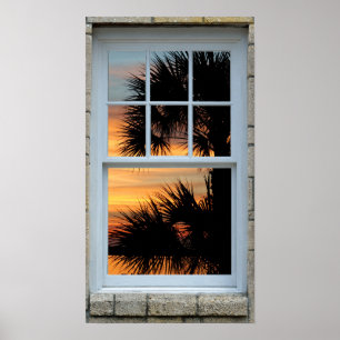 Poster Fenêtre vue Arbre de palmiers Sunrise Imprimer
