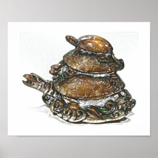 Poster Feng Shui Triple Turtle - Or