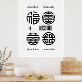 Poster Feng Shui Wall Art Quatre Bénédictions Noir et Bla (Cuisine)